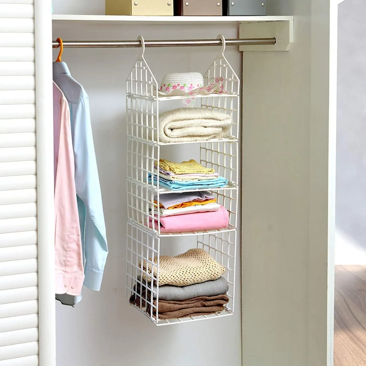 5 Layer Folding Clothes Storage Racks Dormitory Closet for Students Wardrobe Shelves | Hanging Organizer Storage Holders & Racks (Plastic Cloth Storage Racks -White)