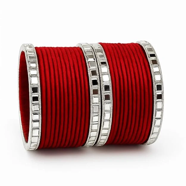 Traditional Red Velvet Bangles Set for Women & Girls with Mirror Stone Work � Indian Bridal Chura Style Kada � Ethnic Wedding Party Bangle Set