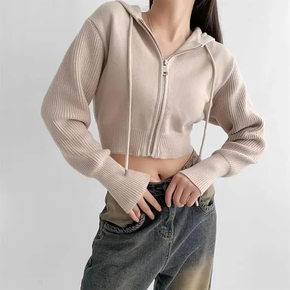 Hooded Zipper High-Waisted Short Sweater