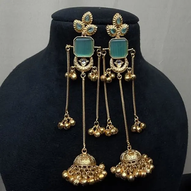 Traditional Gold-Plated Jhumka Earrings with Blue Stone