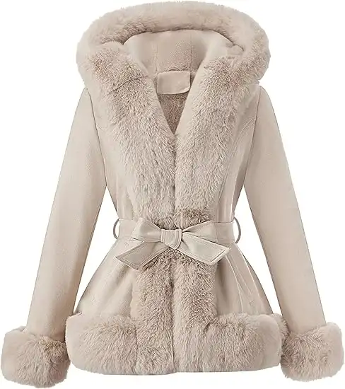 Luxury Faux Fur Hooded Winter Coat with Waist Belt for Elegant Cold-Weather Style