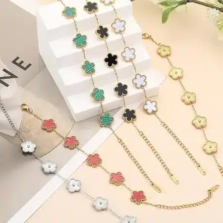 Clover Design Gold-Plated Bracelet with Enamel
Finish for Women & Girls