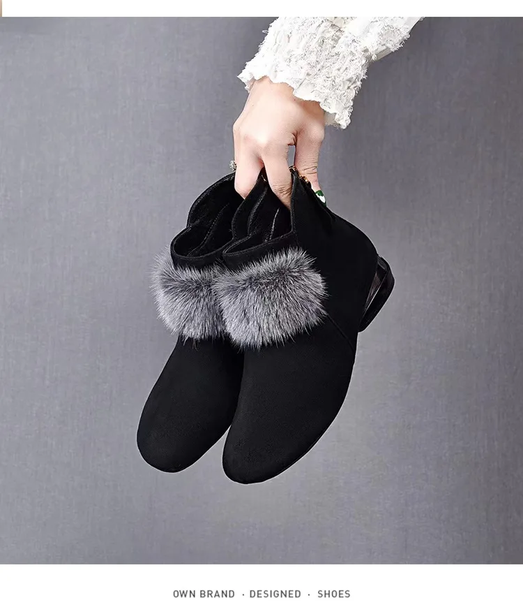 Plush Warm Snow Boots Low Heel Non-Slip Back Zipper Booties